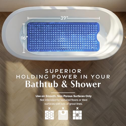 SlipX Solutions Power Grip Bathtub Safety Mat | Precision Grip Technology for Longer, Stronger, & Softer Wet Surface Protection | Clear Blue 39"x16" - color: Clear Blue
