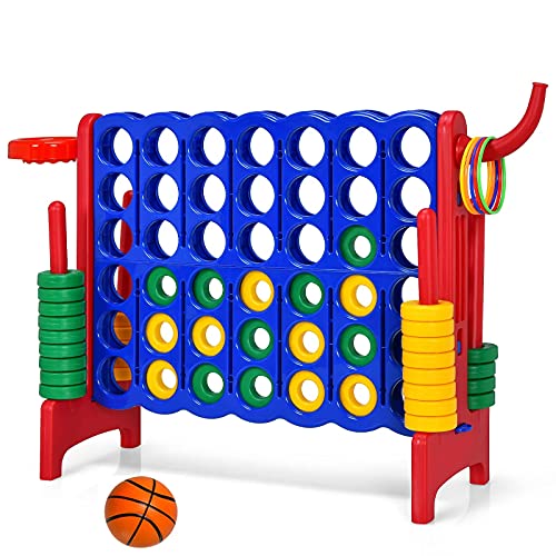Costzon Giant 4-in-A-Row, Jumbo 4-to-Score Giant Game w/Basketball Hoop, Ring Toss, Quick-Release Slider, 42 Jumbo Rings, Indoor Outdoor Family Connect Game for Kids & Adults, Backyard Games, Red - color: Blue/Red