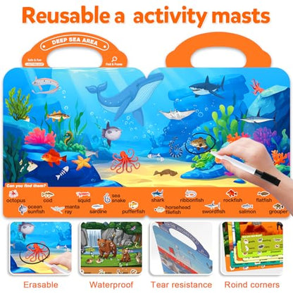 Search and Find Books for Kids 3-5, Reusable Preschool Learning Activities, Perfect Road Trip Car Airplane Games, Educational Toys, Busy Books for 3 4 5 6 Year Old Boys Girl Christmas Birthday Gifts - style: Search and Find Animals
