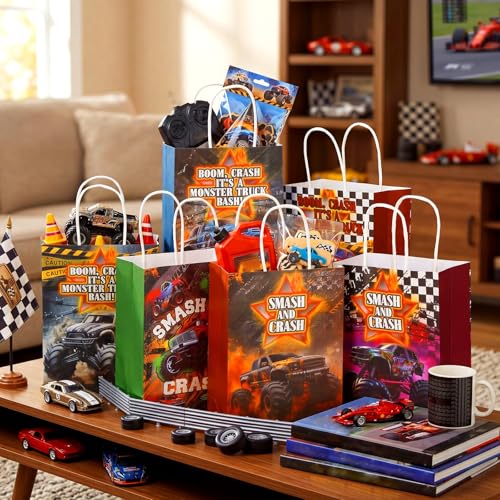 Kolldenn 48 Pcs Monster Truck Themed Goodie Bags with Handles Paper Truck Theme Gift Bag Racing Car Party Favors Candy Treat Pouch for Birthday Decorations Baby Shower Supplies - style: Truck