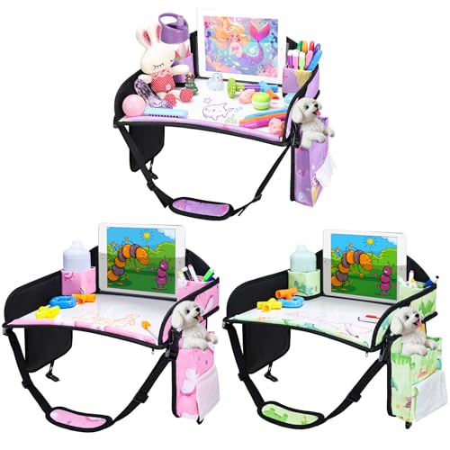 3PCS Kids Travel Tray for Airplane - Toddler Car Seat Table Tray, Road Trip Essentials for Boys & Girls, Carseat Lap Desk for Kids Road Trip Activities (Pink/Green-/Purple) - color: Pink/Green-/Purple--3PCS
