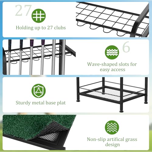 Golf Club Holder Stand Metal Golf Club Rack for 33 Clubs & Golf Balls, Golf Ball Holder Display with Artificial Turf Mat, Floor Standing Golf Storage Organizer for Home Garage Indoor Simulator