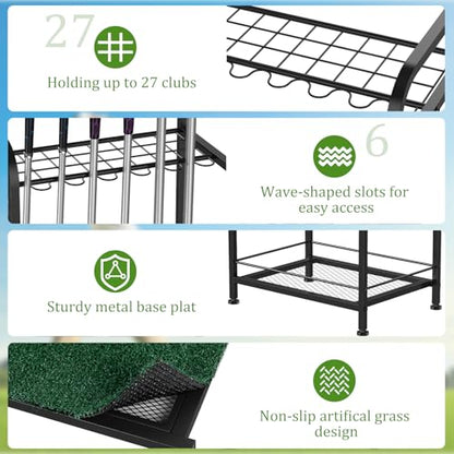 Golf Club Holder Stand Metal Golf Club Rack for 33 Clubs & Golf Balls, Golf Ball Holder Display with Artificial Turf Mat, Floor Standing Golf Storage Organizer for Home Garage Indoor Simulator