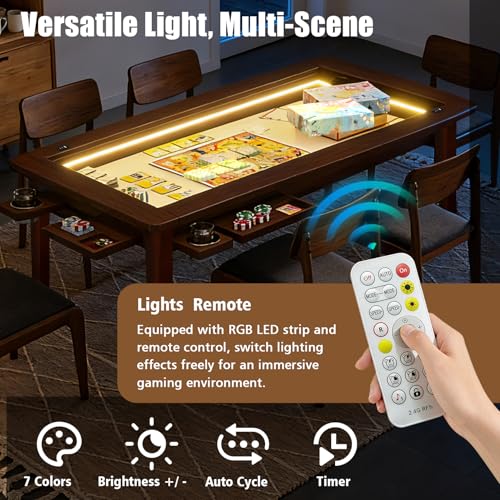 Haddockway Solid Wood Board Game Table with Colorful Led Lights, Dining/Gaming Table for 4-6 Players with Charge Station,Removable Top, Play Mat, 6 Cup Holders & Trays (Warm Walnut) - color: Solid Wood Blackwalnut With Led Light