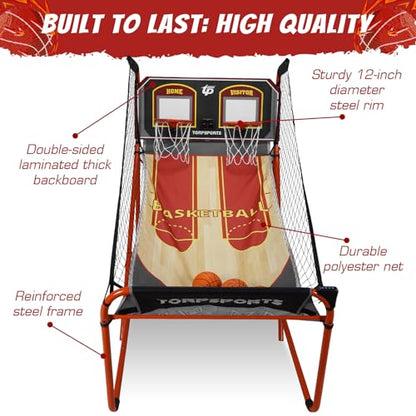 Foldable Indoor Basketball Arcade Game with Steel Frame Indoor Double Electronic Basketball Machine with 5 Size 7 Inch Balls for 2 Players Basement Game Rooms