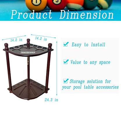 Floor Standing Pool Cue Rack Hold 8 Cue Sticks & Pool Table Accessories, Solid Wood Pool Stick Holder, Corner Pool Cue Holder with Ball Rack Hook & Scorer Counter