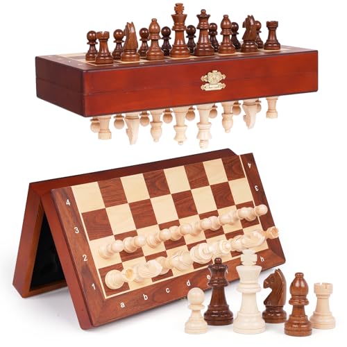 Magnetic Travel Chess Set with Wooden Folding Board – 12 Inch Portable Magnetic Chess Board Game with Handcrafted Wooden Pieces, 2 Extra Queens, Strategy Chess Set for Adults Kids Beginners