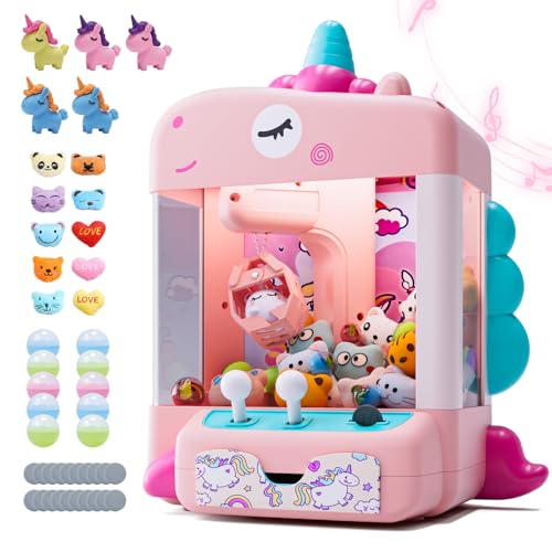 Skirfy Unicorns Claw Machine, Mini Vending Machine with Lights & Music, Adjustable Sound, Candy and Electronic Prize Dispenser, Includes 45 Toys, Candy and Birthday Gift for Kids Girls - color: Pink