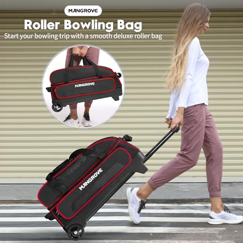 Mangrove 3 Ball Bowling Bag with Wheels & Shoe Compartment, Deluxe Bowling Ball Bag 3 Ball Roller, Rolling Triple-Ball Bag w/Accessory Pocket & Retractable Handle Extends to 40'' - color: Red