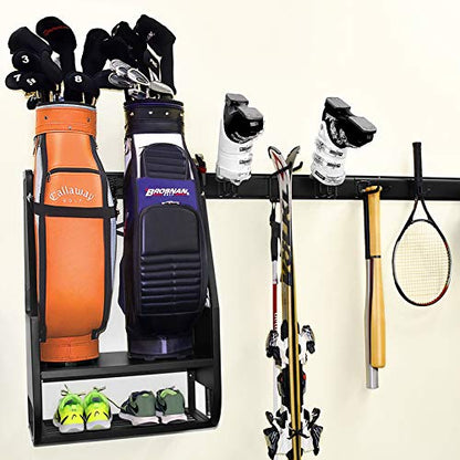 WALMANN Wall Mount Golf Bag Organizer Extra Large 2 Golf Bags Stand Golfing Equipment and Accessories Storage Rack for Garage Shed Basement
