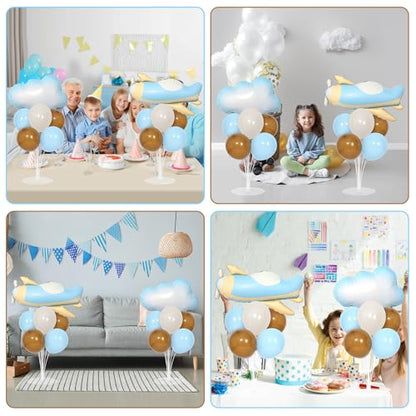 Airplane Baby Shower Birthday Party Decorations Balloons Stand Kit 2 Sets with 2 Airplane Cloud Foil Balloons Baby Boy Shower Balloon Centerpiece for Table for Kid Time Flies 1st Birthday Party Decor - style: Airplane Cloud