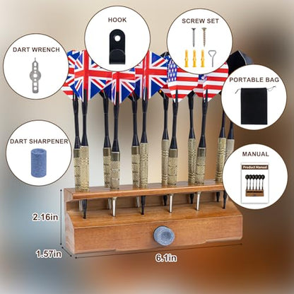 Extguds Wooden 2 In 1 Dart Holder,Can Hold 12 Steel or Soft Tip Darts Dispaly,Wall Mount or Tabletop Display,Including Holer+Hook+Wrench+Sharpener+Portable Bag,Perfect for Displaying Your Darts