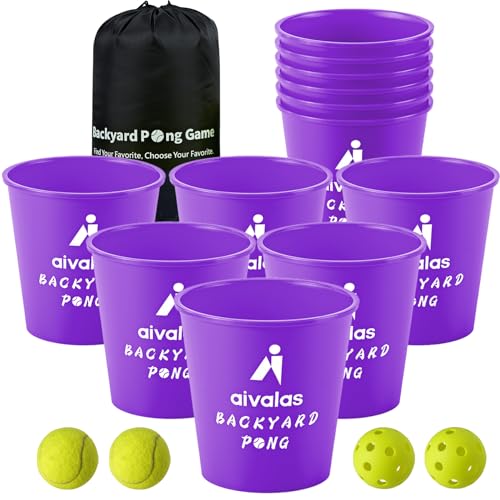 Aivalas Yard Pong Outdoor Games, Giant Yard Games Set with 12 Buckets and Balls for Adults and Family, Toss Game Throwing Games for Beach, Camping, Lawn and Backyard - color: Purple