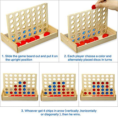 4 in a Row Wooden Connect Board Game, Foldable Line up 4 Game, Classic Strategy Family Fun Toy, Wood Connect Game for Kids and Adults (Travel Size)