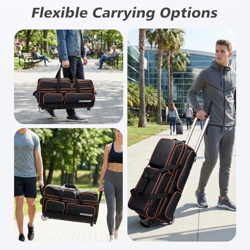 3 Ball Bowling Bags with Wheels, Bowling Bags 3 Ball Roller - 900D Oxford Waterproof PU, Bowling Bag with Multi-Separate Storage Pockets & Retractable Handle Extends to 40'' - color: Black
