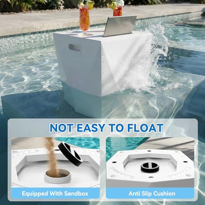 Modern Assemble-Free Outdoor Side Table, Pool Side Table for Inside Pool or on Patio, Lounger Table with 2 Cup Holders * 1 Tablet Holder, White