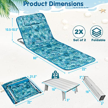 Goplus Beach Chairs with Side Table, 2 Pack Folding Lounge Chairs for Adults, with 5 Adjustable Position, Backpack Lightweight Reclining Lounge Chair for Lawn Camping Picnic Sunbath Pool (Blue&Green) - color: Blue&green