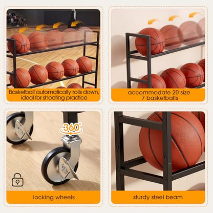 Colingmill Heavy Duty Basketball Rack with Wheels, Multi-Tier Rolling Ball Storage Cart, Sports Equipment Organizer for School, Gym, Club Shoot Training - size: 20ball
