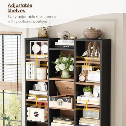 FOTOSOK 71'' Tall Bookshelf with 21 Cubes, 8 Tier Triple Wide Bookshelf with 8 Adjustable Shelves, 35" Large Bookcase DVD/CD Media Tower Storage, Freestanding Display Shelf Cabinet, Black/Brown - color: Black/Brown