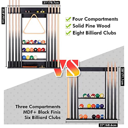 XCSOURCE Pool Stick Holder, Pool Cue Rack Wall Mount, 8 Pool Cue Holder Wall Billiard Cue Rack, Made of 100% Solid Pine Wood, Pool Table Accessories for Billiard Room or Club (Cue Rack Only) - color: Black, 8 Pool