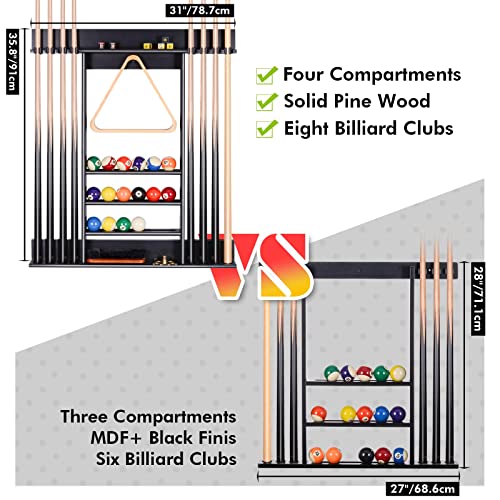 XCSOURCE Pool Stick Holder, Pool Cue Rack Wall Mount, 8 Pool Cue Holder Wall Billiard Cue Rack, Made of 100% Solid Pine Wood, Pool Table Accessories for Billiard Room or Club (Cue Rack Only) - color: Black, 8 Pool