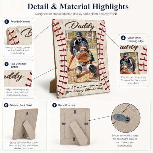 Baseball Dad Picture Frame, God Hit Home Run, Happy Daddy Gift from Kids, Home Bedroom Desk Shelf Table, Wood Sports Gifts