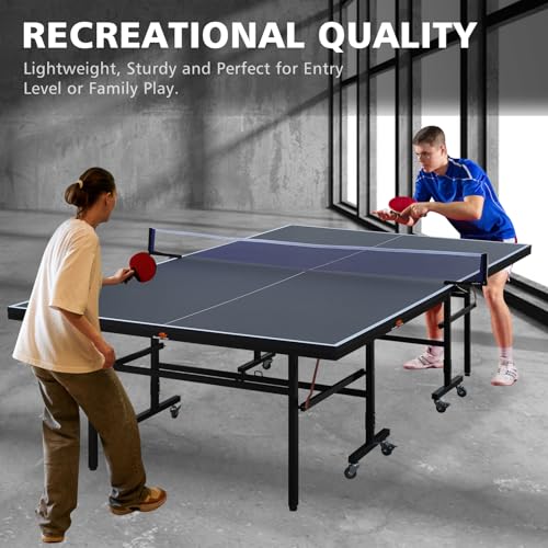 GOWE Double Fish 9 Ft MidSize Table Tennis Table Foldable and Portable Ping Pong Table Set for Indoor Games with Net 2 Table Tennis Paddles and 3 Balls