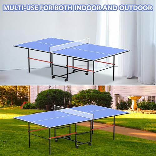 8FT Table Tennis Table with Net, Indoor/Outdoor Professional Ping Pong Table for Kids Adults, Folding Ping Pong Table, Complete Set with Paddles and Balls, School Playground Game Table - color: New Blue