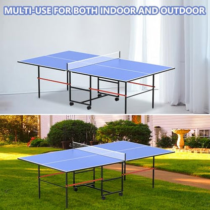 8FT Table Tennis Table with Net, Indoor/Outdoor Professional Ping Pong Table for Kids Adults, Folding Ping Pong Table, Complete Set with Paddles and Balls, School Playground Game Table - color: New Blue