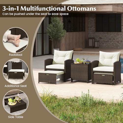 Tangkula 5 Pieces Patio Conversation Set, PE Wicker Outdoor Furniture Set with 2 Chairs, 2 Ottomans & Tempered Glass Coffee Table, Ideal for Poolside, Backyard, Lawn, Deck, Mix Brown & Off White - color: Mix Brown & Off White