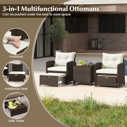 Tangkula 5 Pieces Patio Conversation Set, PE Wicker Outdoor Furniture Set with 2 Chairs, 2 Ottomans & Tempered Glass Coffee Table, Ideal for Poolside, Backyard, Lawn, Deck, Mix Brown & Off White - color: Mix Brown & Off White