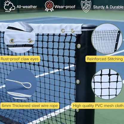 Professional Tennis Net 42ft x 3.5ft – 3.0mm Twisted PE, 4.0cm Official Mesh, UV/Waterproof, 6mm Steel Cable & Top 6-Row Double Layer – Complete Kit for Court, Backyard or Driveway