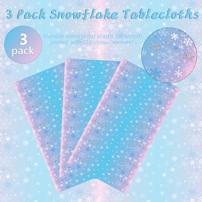Kesfey 3 Packs Christmas Snowflake Tablecloth 51 x 87 Inch Winter Frozen Wonderland Table Cover Disposable White Snowflake Plastic Table Cloth Blue and Pink Snowflake Tablecloths for Christmas Party - color: Blue and Pink Snowflake