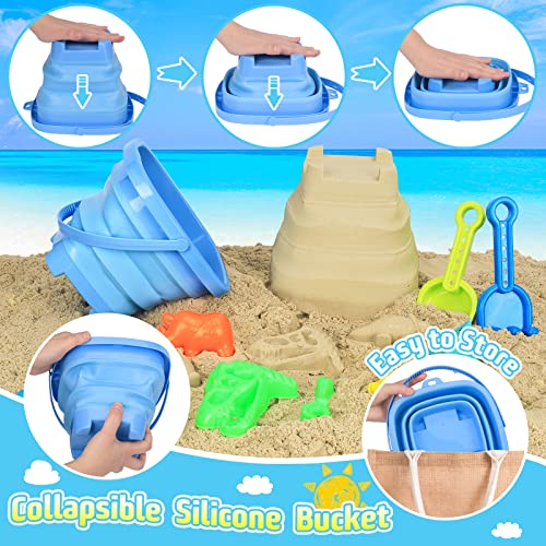 Beach Sand Toys, Sandbox Toys with Dinosaur Dump Truck, Collapsible Bucket, Creative Molds, Mesh Bag, Sand Castle Play Set for Kids Ages 3-12, Outdoor Summer Beach Essentials for Building & Playing