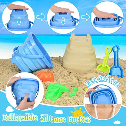 Beach Sand Toys, Sandbox Toys with Dinosaur Dump Truck, Collapsible Bucket, Creative Molds, Mesh Bag, Sand Castle Play Set for Kids Ages 3-12, Outdoor Summer Beach Essentials for Building & Playing