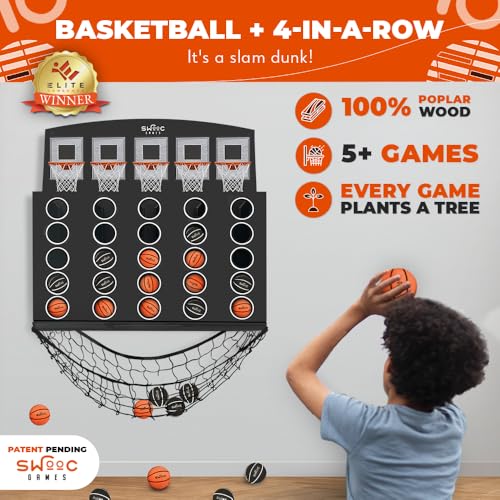 Swooc Games - Low Post Lineup | Wall Mounted Giant Basketball 4 in A Row w/ 5+ Games | Basketball Hoop for Room Wall Games | Game Room Games | Mini Basketball Hoop Indoor Connect | Four in A Row Game