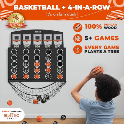 Swooc Games - Low Post Lineup | Wall Mounted Giant Basketball 4 in A Row w/ 5+ Games | Basketball Hoop for Room Wall Games | Game Room Games | Mini Basketball Hoop Indoor Connect | Four in A Row Game