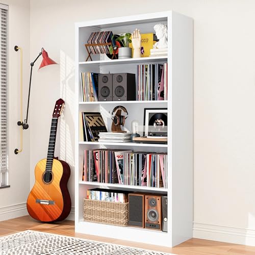 Large Vinyl Record Storage Cabinet, Heavy-Duty Metal Record Player Stand with Adjustable Shelves, 66" H Media Shelf Organizer for LP Albums, Turntable & Audio Equipment, White - color: White, size: 5 Tier