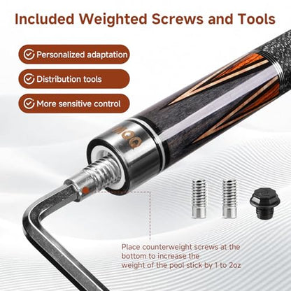 HMQQ 58" Maple Pool Cue Stick, 19oz 2-Piece Billiard Cue with 13mm Tip, Adjustable Weight, Linen Wrap, Stainless Steel Joint, Pool Cue for Beginners, Gift Ready with Carry Bag - color: Black