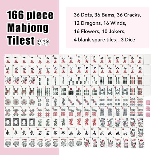 American Mahjong Tile Set, 166 White Mahjong Tiles 1.2 inch with Carrying Bag and 3 Dices, Portable Cute Mahjong Game for Travel, Family Game Night - color: White