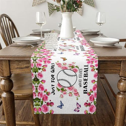 Erosebridal Cartoon Baseball Table Runner,Sports Game Lover Table Runners,Garden Wildlife Rectangular Runner Tabletop Decor,Pink White,13x90 Inch - size: 13" X 90"