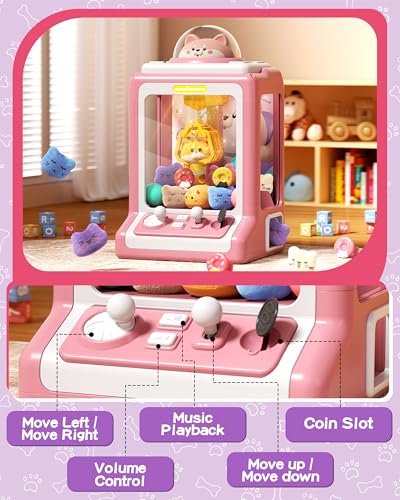 Claw Machine for Kids, Mini Vending Machine with Game Coins & Music, Prize Dispenser Toys for Girls and Boys, Electronic Claw Game Machine for Party Birthdays, Includes 35 Mini Toys (Doggy Pink) - style: Doggy Pink