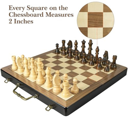 18.5" Wooden Chess Set with Handle,Chess Sets for Adults Kids Portable Folding Board Games with 4.5" King 2 Extra Queens,Handmade Weighted Large Pieces with Storage Slots
