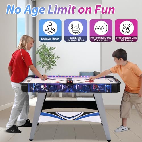 GYMAX Air Hockey Table, 54 Inch Arcade Style Air Hockey Game Table with LED Lights & Scoreboard, Powerful 12V Motor, 2 Pushers, 2 Pucks, for Kids & Adults, Home, Game Room and Office