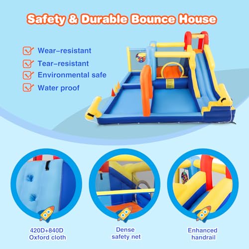 JOYLDIAS Inflatable Water Slide,Water Park Bounce House,Slide Bouncer Castle Playhouse w/Splash Pool, Climbing Wall, Trampoline，Felt Ball Target, Ring Toss Game for Kids Outdoor Fun, 550W Air Blower - color: Multicolor