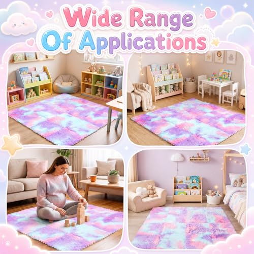 16 Pcs Blue Purple Faux Fur Floor Tiles, 11.8 x 11.8 in Puzzle Girls Play Soft Tiles, 1.5 Inch Shaggy Square, EVA Foam Floor Mat for Nursery, Playroom, Bedroom, Toddler Room, Daycare - color: Blue Purple