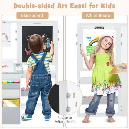 INFANS 3 in 1 Kids Art Table and Chair Set, Toddler Craft and Play Wood Activity Desk with Double-Sided Easel Blackboard Whiteboard, Paper Roll for Writing, Children Furniture for Daycare Nursery - style: Grey