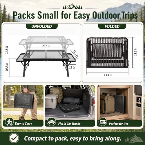 2.5 FT Picnic Table with 2 Wing Panels, Mesh Metal Folding Grill Table Height Adjustable & Lightweight & Portable Table for Outdoor Indoor Camping, Picnic, Beach and BBQ, RV - size: Extended Size