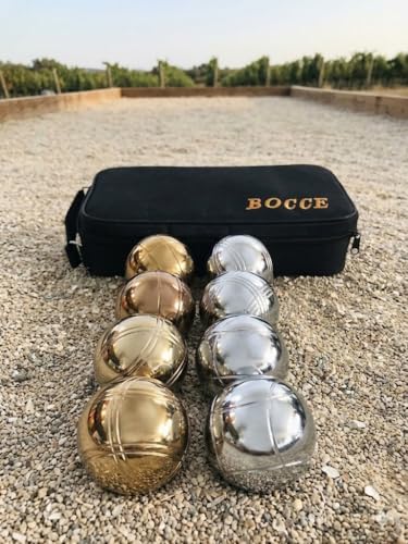 BuyBocceBalls Listing - 73mm Metal Bocce and Petanque Set with 8 Gold and Silver Balls (4 Striping Patterns) and Green Bag - Single
