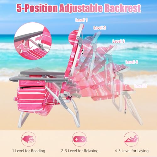 Tangkula Set of 2 Backpack Beach Chair, 5-Position Lightweight Folding Lay Flat Beach Chairs with Cooler Bag, 2 Cup Holders, Towel Bar, Backpack Straps - color: Pink Stripe, style: 2 Pack
